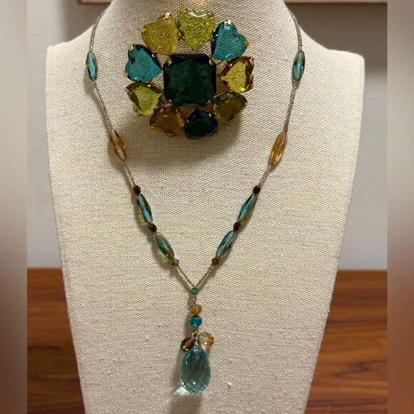 Vintage Jewelry - Vintage Set of Aqua Crystal & Sea Glass Gold-tone Necklace and Crystal Brooch.